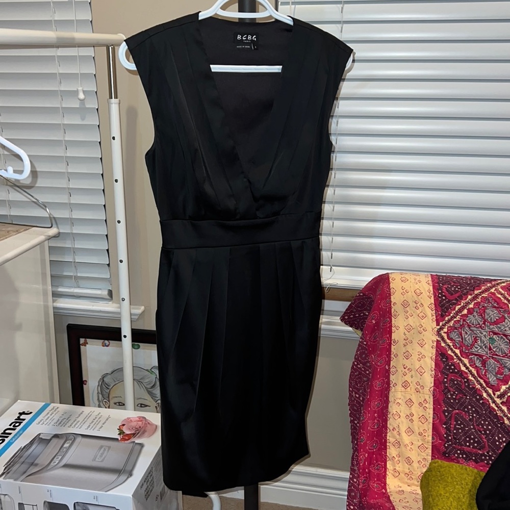 BCBG black satin midi v-neck formal dress